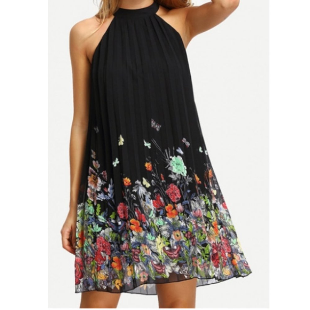 Women's Black Butterfly Floral Sleeveless Halter Neck Mini Swing Dress Small
